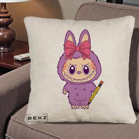 Perna Personalizata Labubu Mov cu Funda Rosie si Creion, 40x40 cm, Bej Canapea, Husa Detasabila, Perna Inclusa, BEKZ®