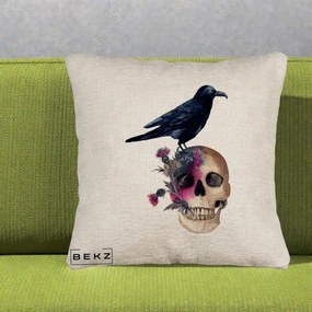 Perna Decorativa Craniu cu Corb si Flori Gothic, 40x40 cm, Bej Canapea, Husa Detasabila, Perna Inclusa, BEKZ®
