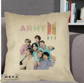 Perna Personalizata K-pop BTS ARMY Fotografie Grup Veseli, 40x40 cm, Crem, Husa Detasabila, Perna Inclusa, BEKZ®