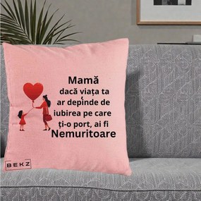 Cadou pentru Mama - Perna Personalizata Mama Nemuritoare cu Bebelus Kawaii, 40x40 cm, Roz, Husa Detasabila, Perna Inclusa, BEKZ®
