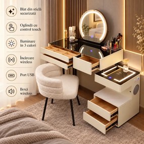 Set BEATRICE – Masă de Toaletă pentru Machiaj, Oglindă Iluminată LED, Control Touch, Incarcare Wireless, USB+C, 5 sertare, Difuzor Bluetooth, Comodă iluminata LED, Scaun