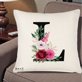 Cadou Personalizat - Perna Personalizata Monograma Florala Litera L, 40x40 cm, Crem Reliefat, Husa Detasabila, Perna Inclusa, BEKZ®
