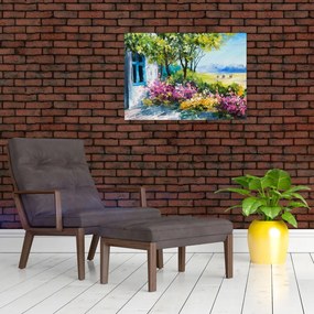 Tablou pe sticlă - Grădina din fața casei, pictură în ulei (70x50 cm)