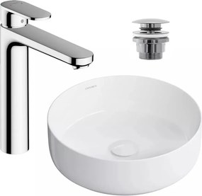 Pachet lavoar pe blat Omnires Tulsa alb 36 cm, baterie lavoar Hansgrohe Vernis Blend crom si ventil lavoar Click-Clack crom