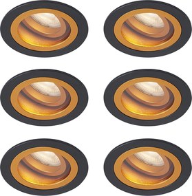 Set de 6 spoturi încastrate moderne negre cu auriu rotative și înclinabile IP44 - Chuck