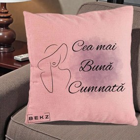 Cadou pentru Cumnata - Perna Personalizata Cea mai Buna Cumnata cu Silueta Dama si Pete Violet, 40x40 cm, Roz, Husa Detasabila, Perna Inclusa, BEKZ®