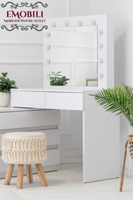 Masuta machiaj cu Oglinda LED si 5 Sertare pentru Cosmetice, Set Masa toaleta 130 cm, Alb, masuta cosmetica, vanity - SEA541