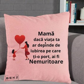 Cadou pentru Mama - Perna Personalizata Mama Nemuritoare cu Bebelus Kawaii, 40x40 cm, Roz, Husa Detasabila, Perna Inclusa, BEKZ®