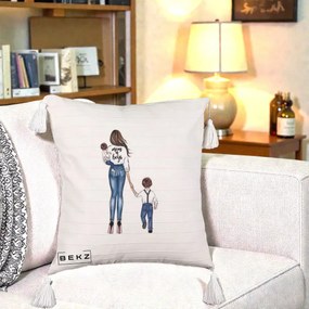 Cadou pentru Mama - Perna Personalizata Mom of Boys Mama cu Baietii, 40x40 cm, Bej cu Franjuri, Husa Detasabila, Perna Inclusa, BEKZ®
