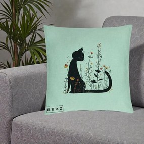 Perna Decorativa Pisica Neagra Flori Portocalii Silueta, 40x40 cm, Verde Menta, Husa Detasabila, Perna Inclusa, BEKZ®