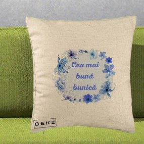 Cadou pentru Bunica - Perna Personalizata Cea Mai Buna Bunica Coronita Flori Albastre Acuarela, 40x40 cm, Bej, Husa Detasabila, Perna Inclusa, BEKZ®