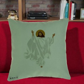 Perna Decorativa Iisus Hristos Invierea Silueta Minimalista, 40x40 cm, Verde, Husa Detasabila, Perna Inclusa, BEKZ®