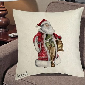 Perna Decorativa Mos Craciun Vintage cu Felinar, 40x40 cm, Ecru, Husa Detasabila, Perna Inclusa, BEKZ®
