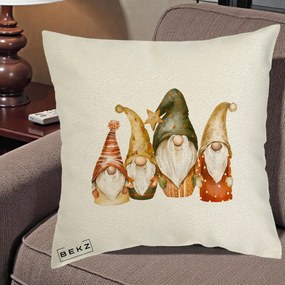 Perna Decorativa Gnomi de Craciun Patru, 40x40 cm, Ecru, Husa Detasabila, Perna Inclusa, BEKZ®