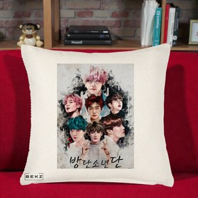 Perna Personalizata K-pop BTS Bangtan Boys Poster Artistic Negru Alb, 40x40 cm, Crem Reliefat, Husa Detasabila, Perna Inclusa, BEKZ®