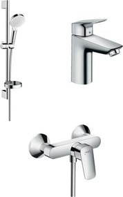 Set baterii Hansgrohe Logis 100 lavoar dus si set dus crom lucios