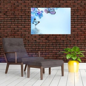 Tablou - Fluture pe flori de orhidee, albastru (90x60 cm)