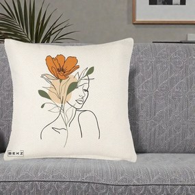 Perna Decorativa Portret Feminin Floare Portocalie, 40x40 cm, Crem Reliefat, Husa Detasabila, Perna Inclusa, BEKZ®