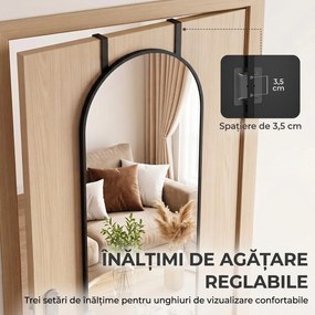 HOMCOM Oglindă de Perete Arcuită 110x40 cm, Ramă din Aluminiu, Cârlige, Design Modern, Negru | Aosom Romania