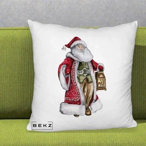 Perna Decorativa Mos Craciun Vintage cu Felinar, 40x40 cm, Alb Pufos, Husa Detasabila, Perna Inclusa, BEKZ®