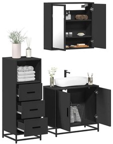 vidaXL Set mobilier de baie, 3 piese, negru, lemn compozit