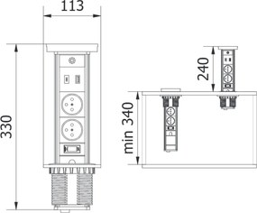 Priză încorporabilă în blat Camino GTV, încărcător wireless 10W, 2 prize Schuko, USB A + C, negru, D:80 mm D:80 mm, Aluminiu/Plastic, Negru