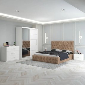 Set Mobila De Dormitor Eric Crem+Comoda, pat tapitat 160x200cm, dulap cu oglinda 150x210cm, noptiere