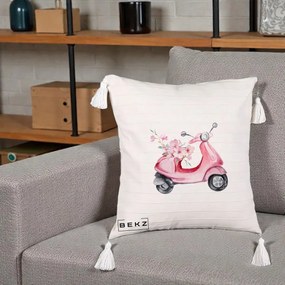 Perna Decorativa Scuter Roz cu Flori Acuarela, 40x40 cm, Bej cu Franjuri, Husa Detasabila, Perna Inclusa, BEKZ®