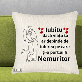 Cadou pentru Iubit - Perna Personalizata Iubitu Nemuritor cu Cuplu Line-Art si Inimi Rosii, 40x40 cm, Crem Reliefat, Husa Detasabila, Perna Inclusa, BEKZ®