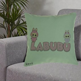 Perna Personalizata Labubu Duo Roz-Lila cu Text, 40x40 cm, Verde, Husa Detasabila, Perna Inclusa, BEKZ®
