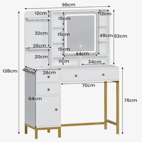 SEA474 - Set Masa toaleta, 98 cm, cosmetica machiaj, oglinda cu LED, masuta vanity cu 2 Porturi USB, si 2 Prize - Alb-Auriu