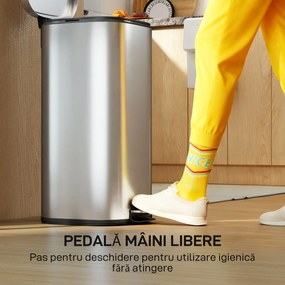 Coș de Gunoi HOMCOM de 30L cu Închidere Amortizată și Găleată Detașabilă, Pedală din Metal și PP, 29x36x59,5 cm, Argintiu | Aosom Romania