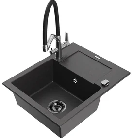 Mexen Enzo chiuvetă de granit cu 1 compartiment, cu scurgător și baterie de bucătărie Duo, negru pătat - 6506-76-671701-07-B