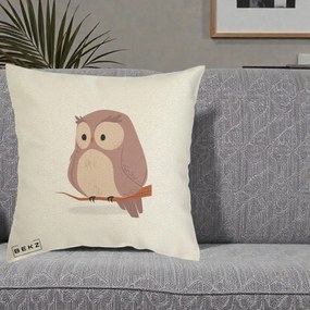 Perna Decorativa Bufnita Kawaii pe Creanga, 40x40 cm, Ecru, Husa Detasabila, Perna Inclusa, BEKZ®
