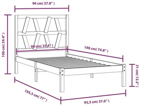 Cadru de pat Single 3FT, 90x190 cm, lemn masiv de pin Maro, 90 x 190 cm