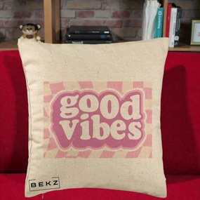 Perna Decorativa Good Vibes Retro Roz, 40x40 cm, Bej, Husa Detasabila, Perna Inclusa, BEKZ®