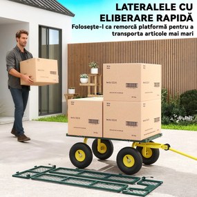 Outsunny Cărucior de Grădină Robust, Remorcă din Oțel cu Pereți Laterali Detașabili, Convertibil în Platformă, Roți de 25cm, Mâner Rotativ la 180°, Capacitate 200 kg, pentru Plajă, Peluză și Grădină, Verde | Aosom Romania
