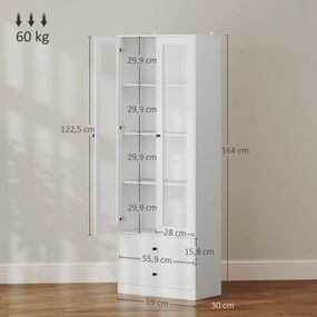 HOMCOM Mobilier de depozitare modern cu dulap cu uși din sticlă, rafturi reglabile și 2 sertare, 59 x 30 x 164 cm, alb | Aosom Romania