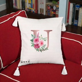Cadou Personalizat - Perna Personalizata Monograma Rose Gold Litera U, 40x40 cm, Bej cu Franjuri, Husa Detasabila, Perna Inclusa, BEKZ®