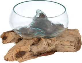 Bol din sticlă suflată pe lemn de tec, 20 cm