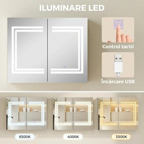 kleankin Oglindă Baie cu Dulap și LED, 80 x 65cm, Ușă Soft Close, Reglabilă pe 3 Culori, Rafturi Ajustabile, Alb Lucios | Aosom Romania