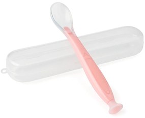 Lingurita bebe din silicon moale, cu ventuza la baza si cutie pentru depozitare Kidizi roz, 6 luni+, ideal inceput diversificare, fara BPA