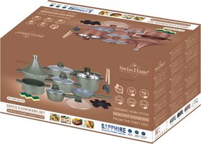 Set vase de gatit Swiss Haus SH-GPC3020G, 20 piese, Acoperire ceramica Sapphire, Fara PFAS, Cuptor pana la 220°C, Inductie, Verde