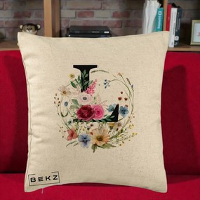 Cadou Personalizat - Perna Personalizata Monogram Litera L cu Flori Acuarela, 40x40 cm, Bej, Husa Detasabila, Perna Inclusa, BEKZ®