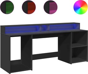 vidaXL Birou cu lumini LED, negru, 200x55x91 cm, lemn prelucrat