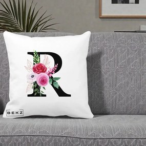 Cadou Personalizat - Perna Personalizata Monograma Florala Litera R, 40x40 cm, Alba Mata, Husa Detasabila, Perna Inclusa, BEKZ®