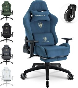 DOWINX 68A - Scaun Gaming Ergonomic, Extra-Lat și Construcție Heavy-Duty, Masaj in perna lombara, Material Textil respirabil, Suport picioare, Roti Silicon, Rezistent 150 kg, Albastru