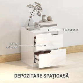 HOMCOM Noptieră Modernă cu 2 Sertare și Design Lucios, Noptieră pentru Dormitor din PAL, 40x40x48 cm, Alb Lucios | Aosom Romania