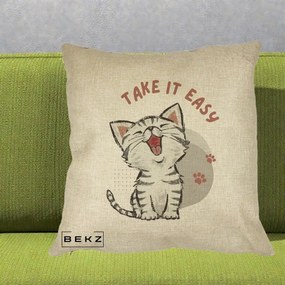 Perna Personalizata Take It Easy Cat, 40x40 cm, Crem, Husa Detasabila, Perna Inclusa, BEKZ®