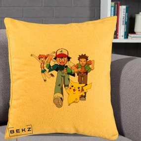 Perna Personalizata Pokemon Ash Misty Brock si Pikachu, 40x40 cm, Galben, Husa Detasabila, Perna Inclusa, BEKZ®